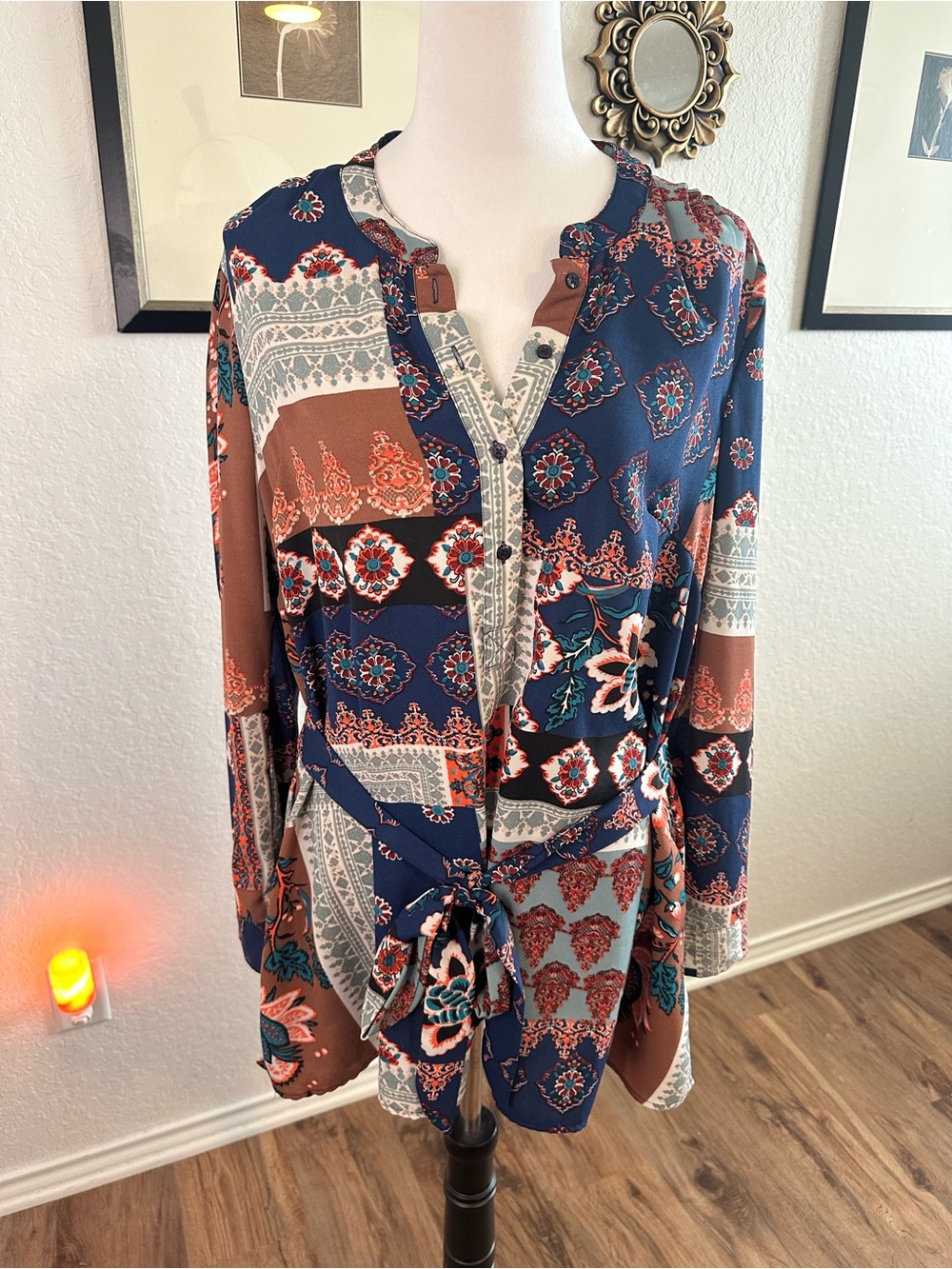 Tolani Collection Long Sleeve Tunic with Front Waist Tie & Hand Pockets
